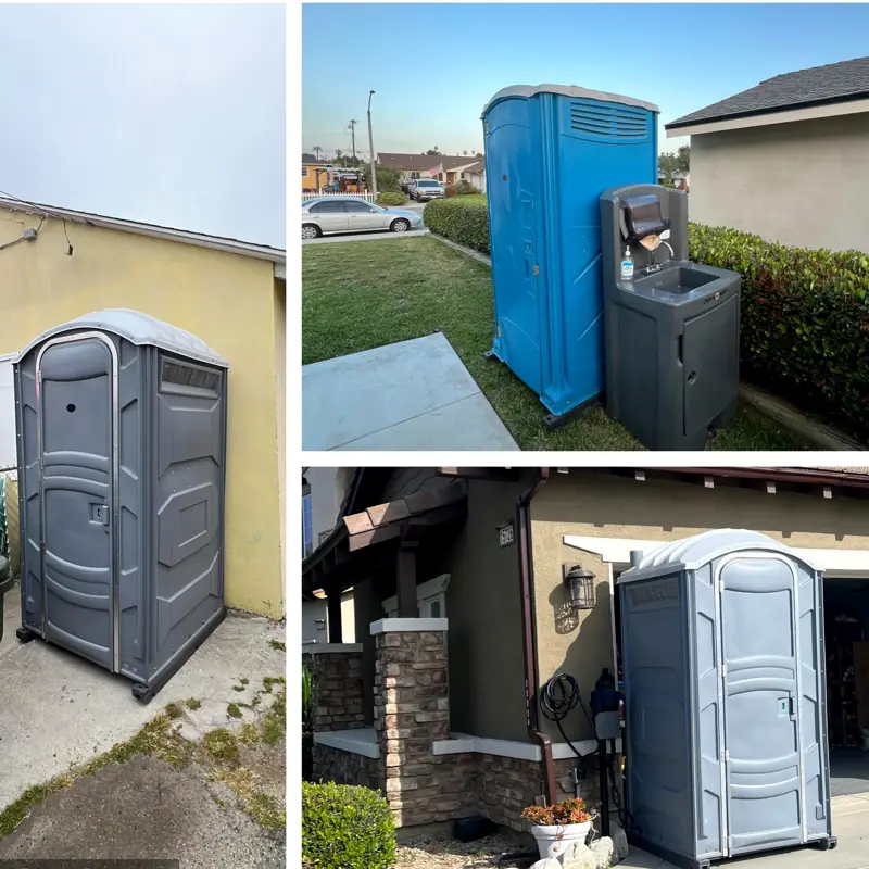 Collage of porta potties placed beside houses and driveways